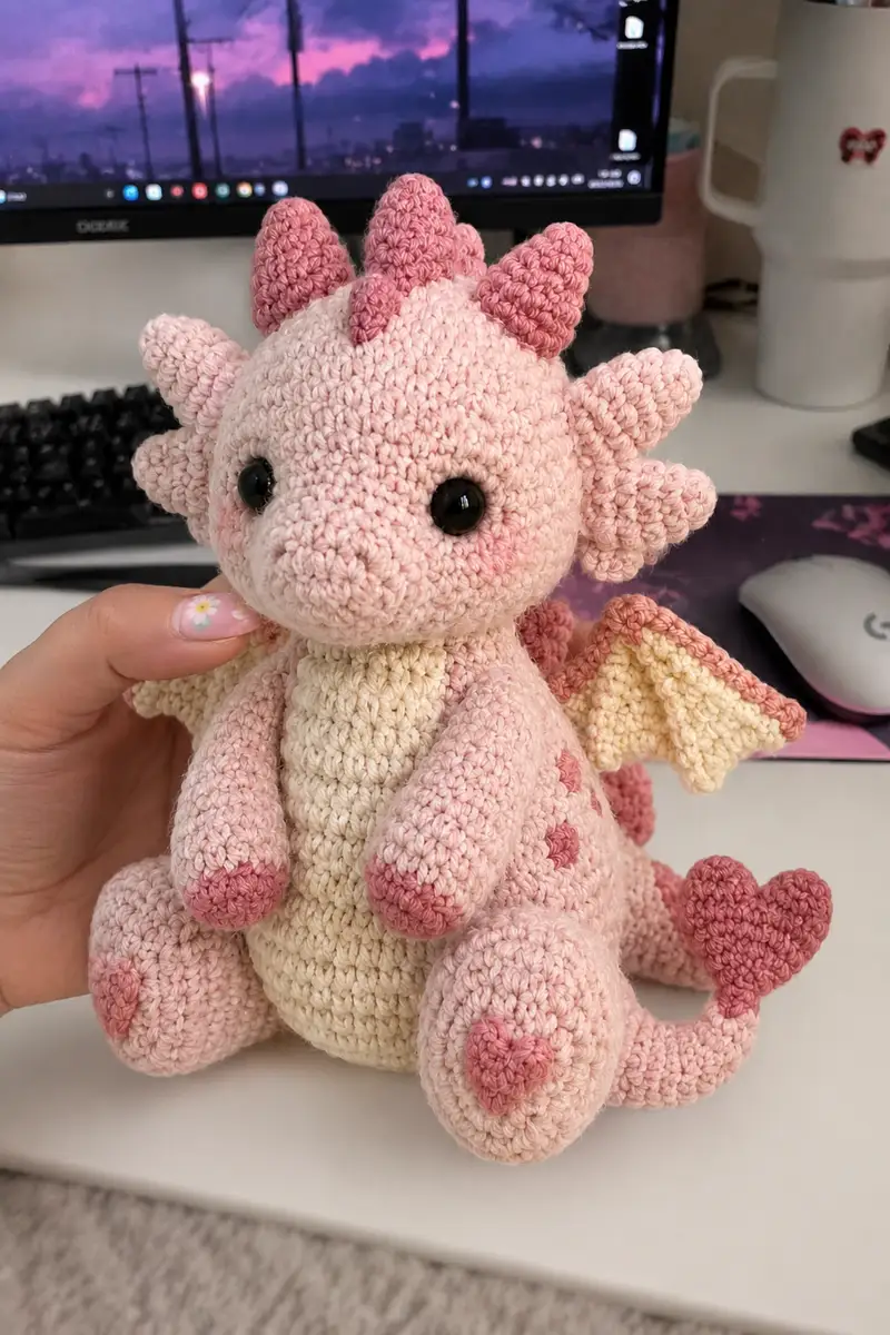 Big Blush Rose Love Dragon with Heart Tail and Tiny Wings Amigurumi Pattern crochet pattern - detailed view of completed project