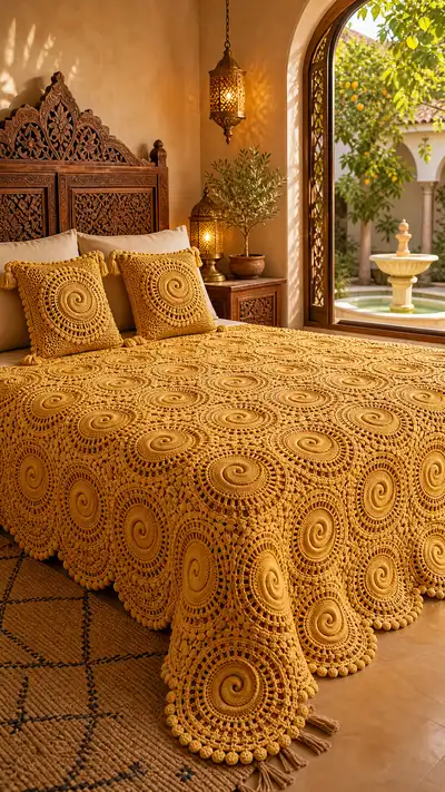 Golden Honey Spiral Granny Square Bedspread Pattern step 1 - construction progress