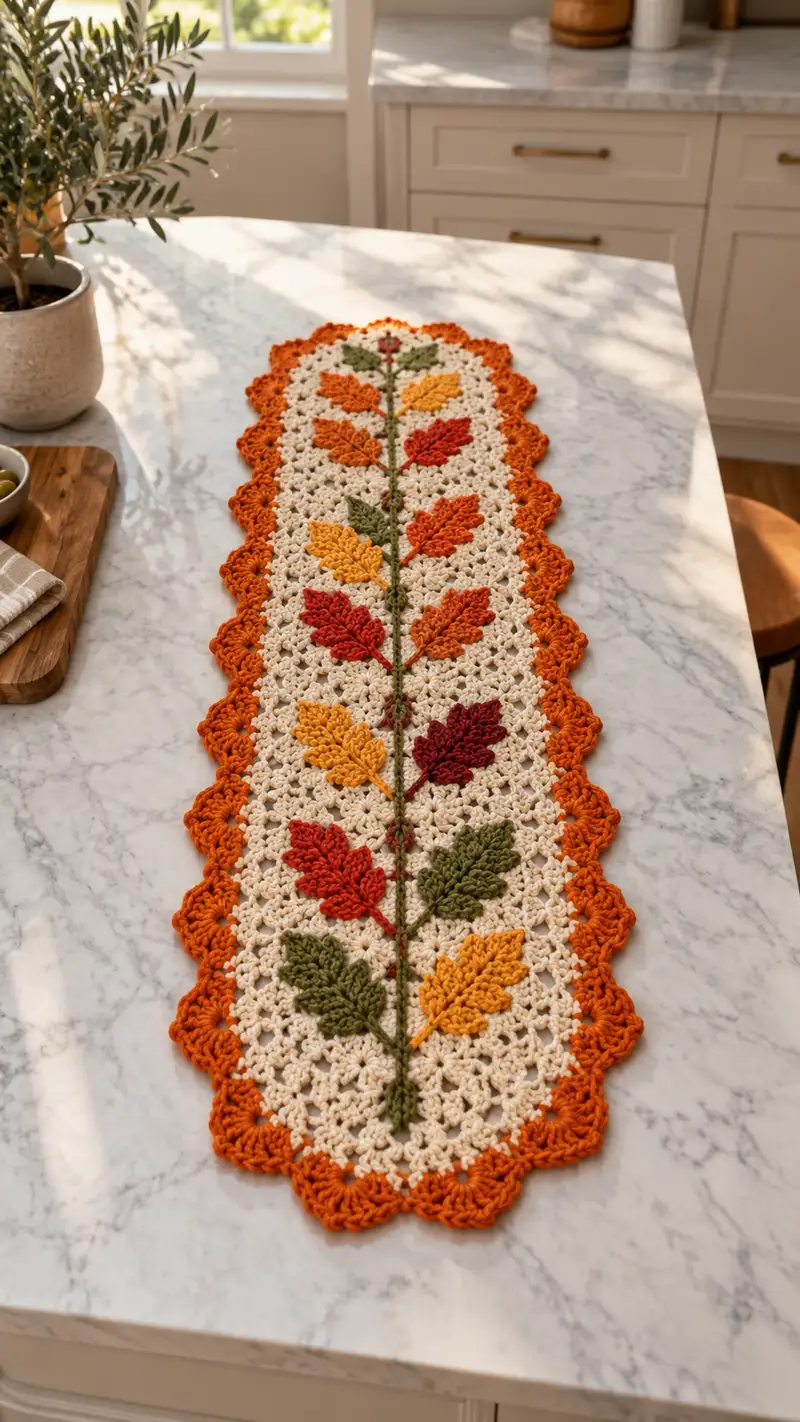 Autumn Leaves Table Runner Pattern crochet pattern - detailed view of completed project