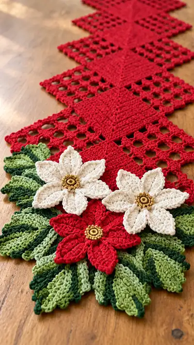 Poinsettia Diamond Table Runner Pattern step 2 - assembly progress