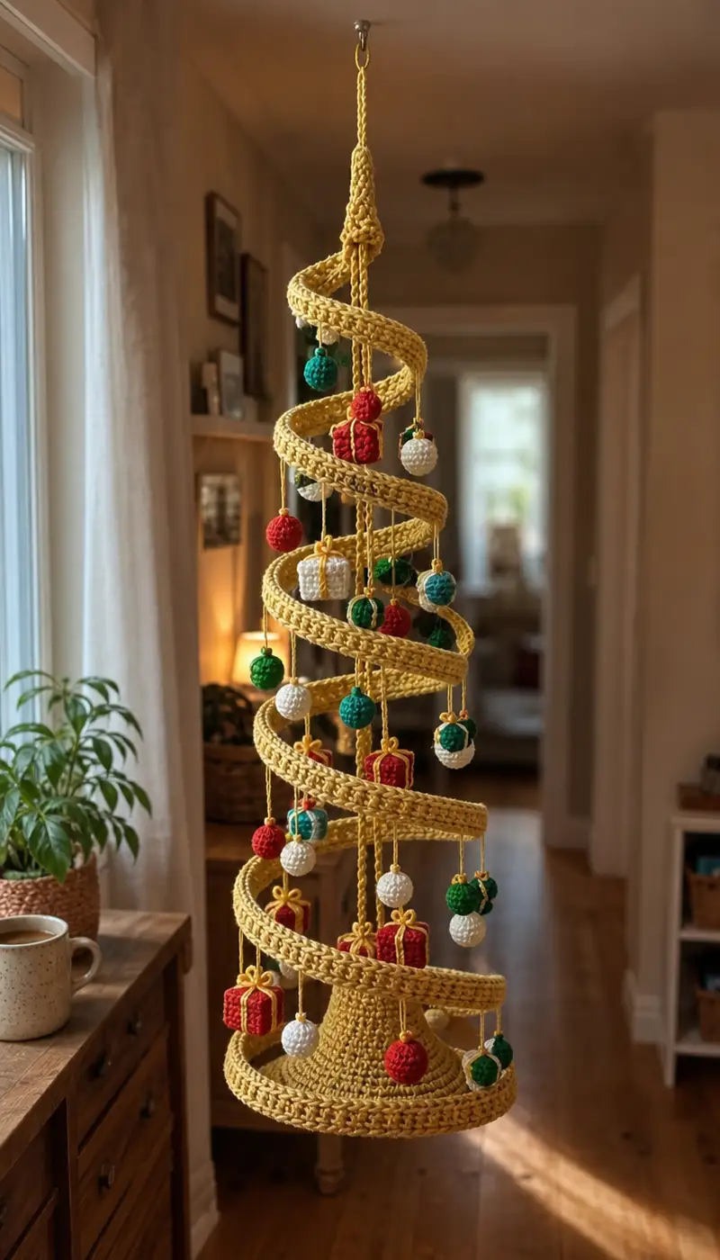 Free crochet pattern: Spiral Hanging Christmas Tree Mobile Pattern - Intermediate level tutorial