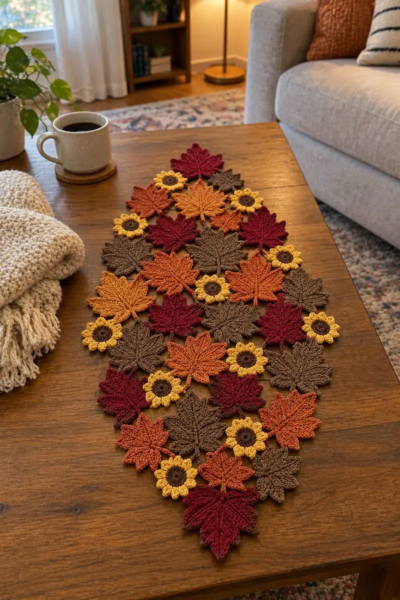 Free crochet pattern: Oval Maple Leaf Crochet Table Runner with Pointed Ends Pattern - Intermediate level tutorial