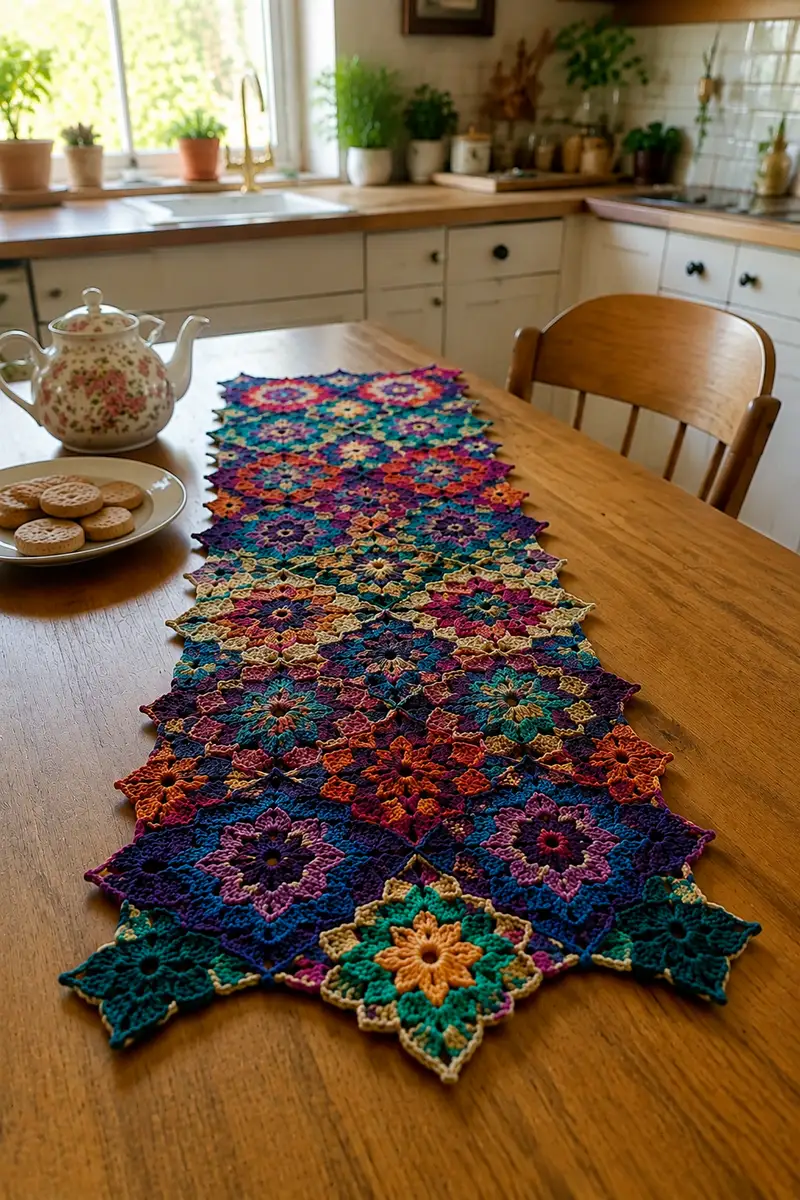 Moroccan Mosaic Tile Table Runner Pattern crochet pattern - detailed view of completed project