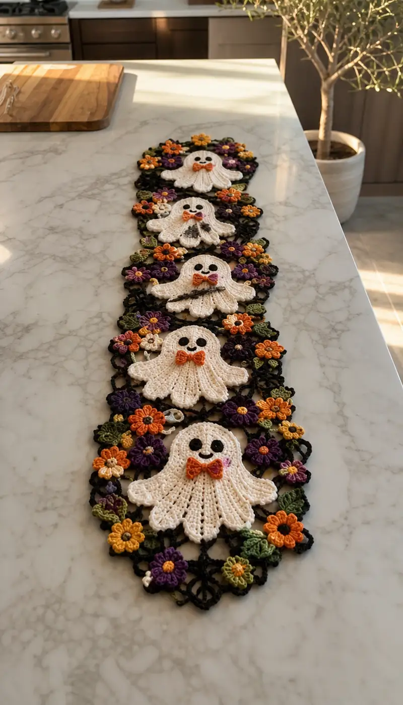 Free crochet pattern: White Ghosts Orange Purple Floral Table Runner Pattern - Intermediate level tutorial
