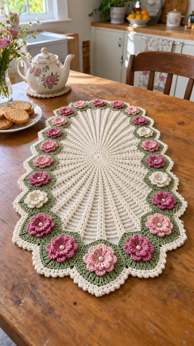 Vintage Floral Oval Table Runner Pattern crochet pattern - detailed view of completed project