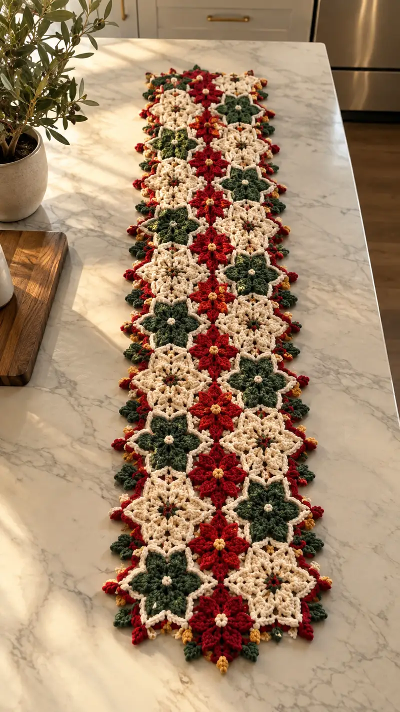 Cream Red Green Poinsettia Table Runner Pattern crochet pattern - detailed view of completed project