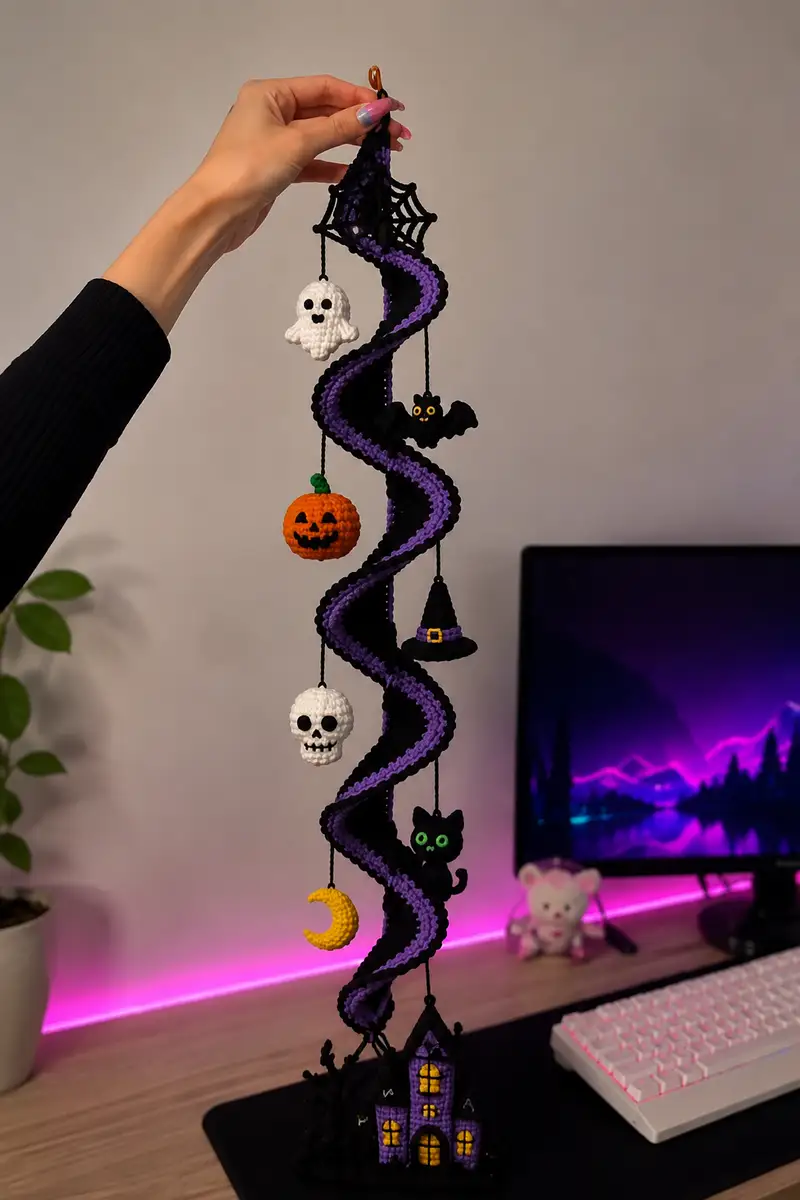 Spooky Spiral Garland Halloween Pattern crochet pattern - detailed view of completed project