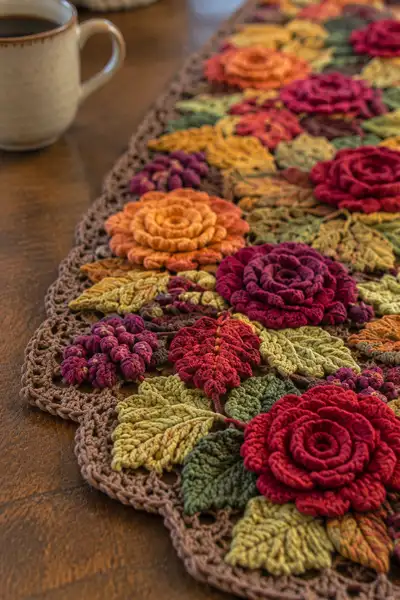 Autumn Rose and Berry Cascade Table Runner Pattern step 2 - assembly progress