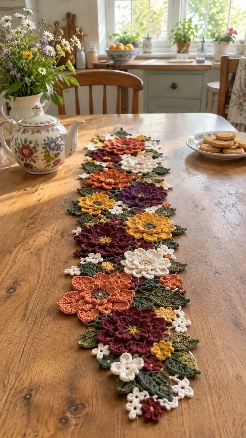 Autumn Floral Table Runner Pattern crochet pattern - detailed view of completed project