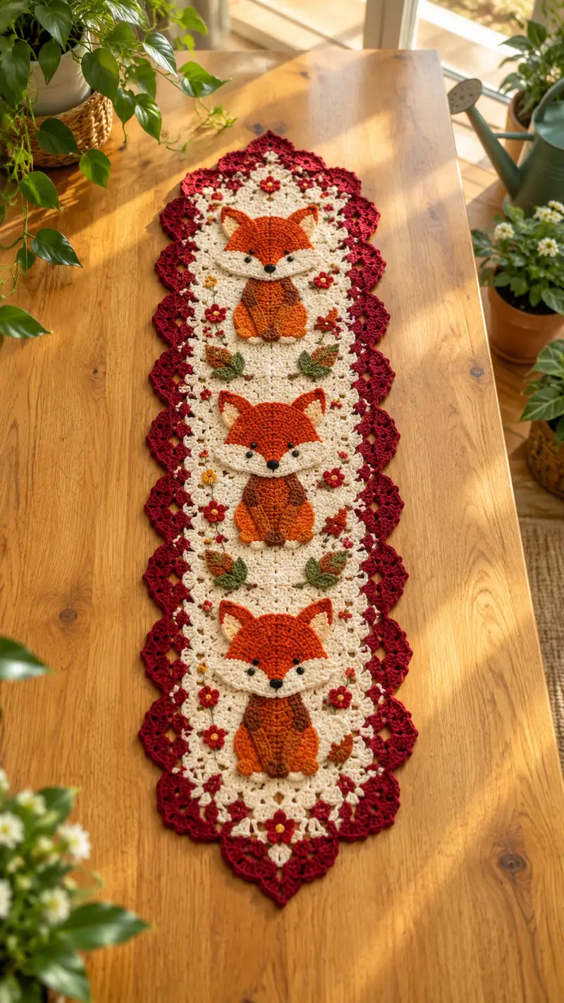 Fox Trio Table Runner Pattern crochet pattern - detailed view of completed project