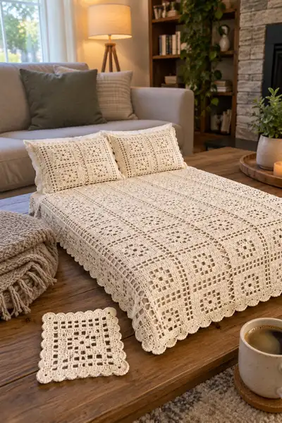 Heirloom Cream Bedspread Pattern step 2 - assembly progress