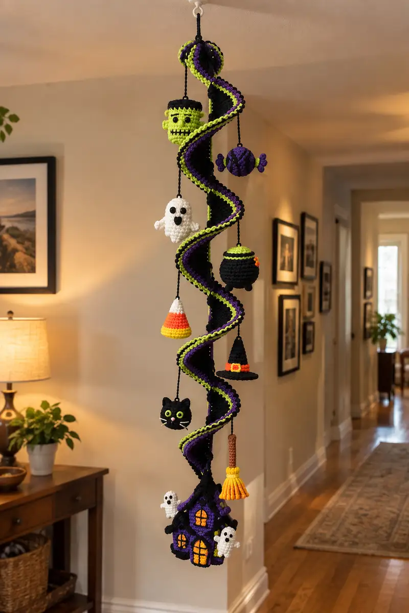 Halloween Spiral Mobile Amigurumi Pattern crochet pattern - detailed view of completed project