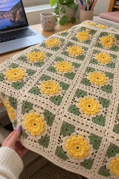 Golden Sunflower Blanket Pattern step 1 - construction progress