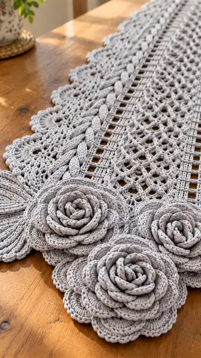 Elegant Lace Rose Table Runner Pattern step 2 - assembly progress