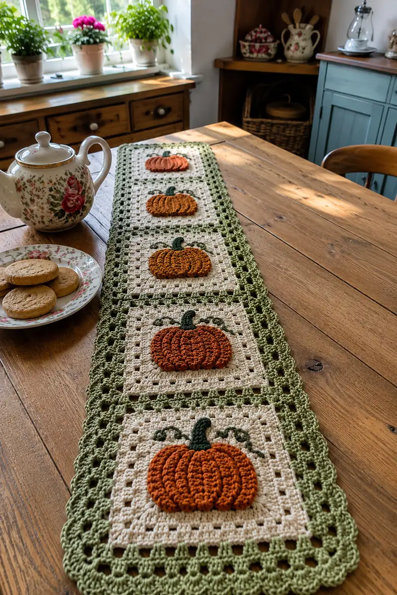 Long Granny Square Strip Table Runner with Pumpkin Motifs Pattern crochet pattern - detailed view of completed project