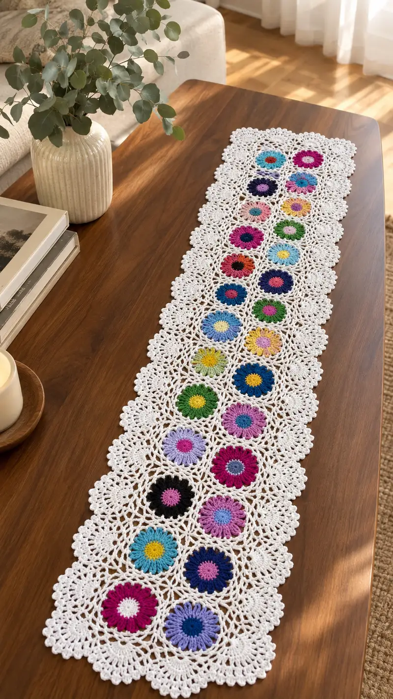 Sunburst Daisy Motif Table Runner Pattern crochet pattern - detailed view of completed project