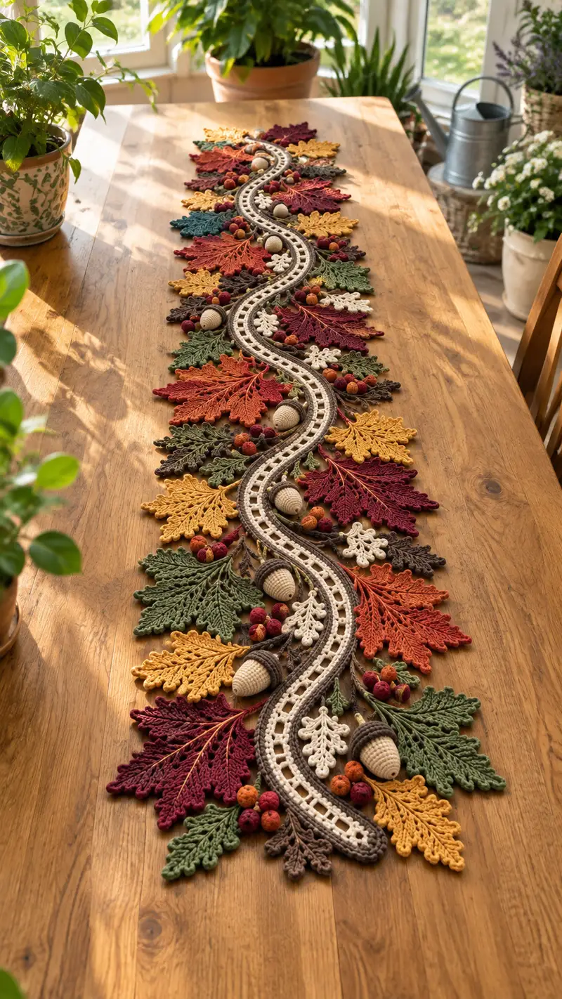 Autumn Leaves Table Runner Pattern crochet pattern - detailed view of completed project