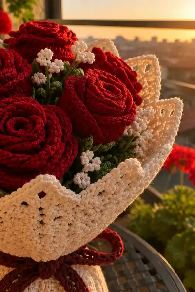Red Rose Romantic Crochet Bouquet Pattern step 2 - assembly progress