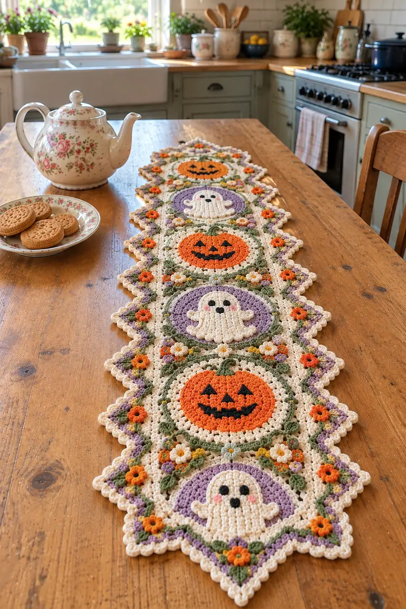 Halloween Pumpkin & Ghost Table Runner Pattern crochet pattern - detailed view of completed project