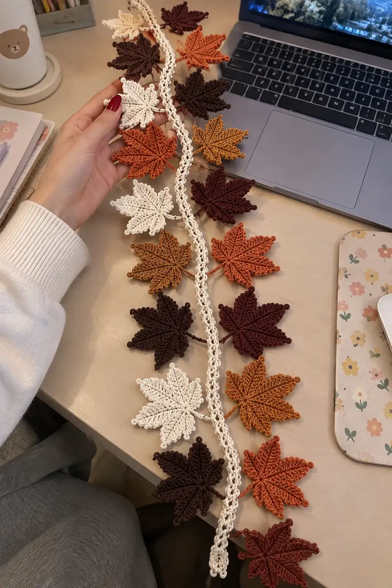 Autumn Maple Leaf Garland Pattern crochet pattern - detailed view of completed project
