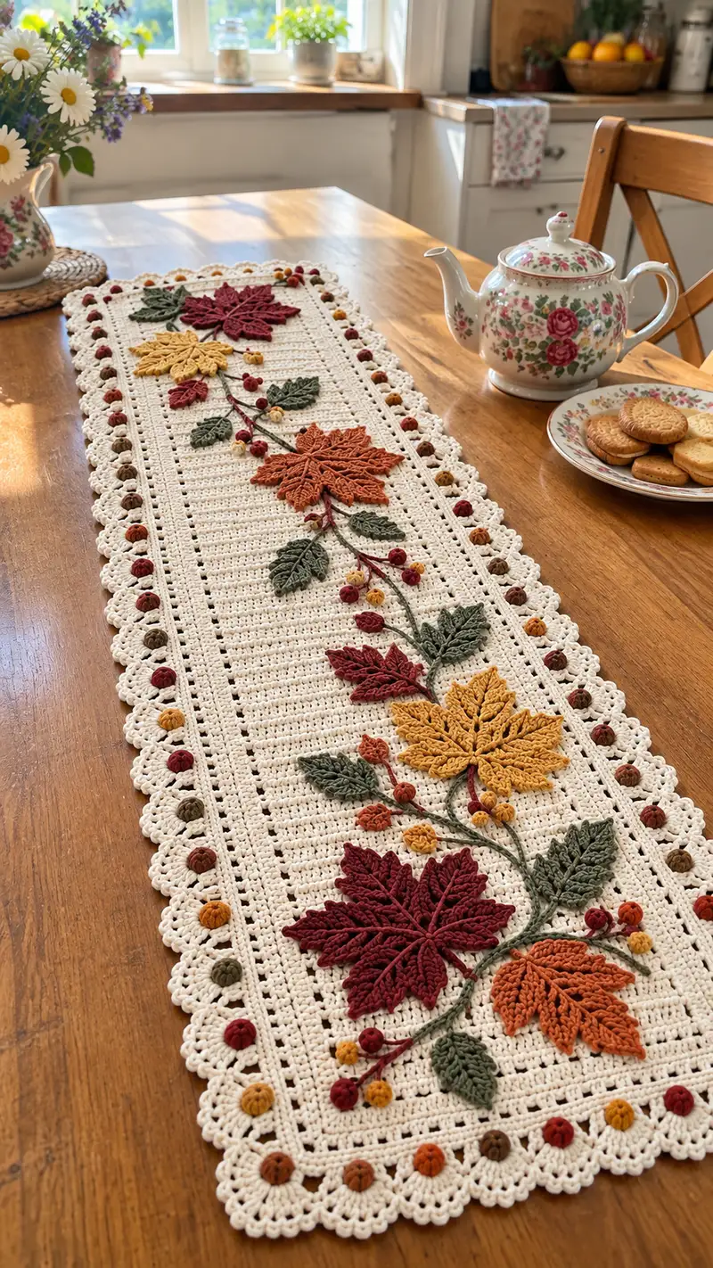 Autumn Leaf Table Runner Pattern crochet pattern - detailed view of completed project