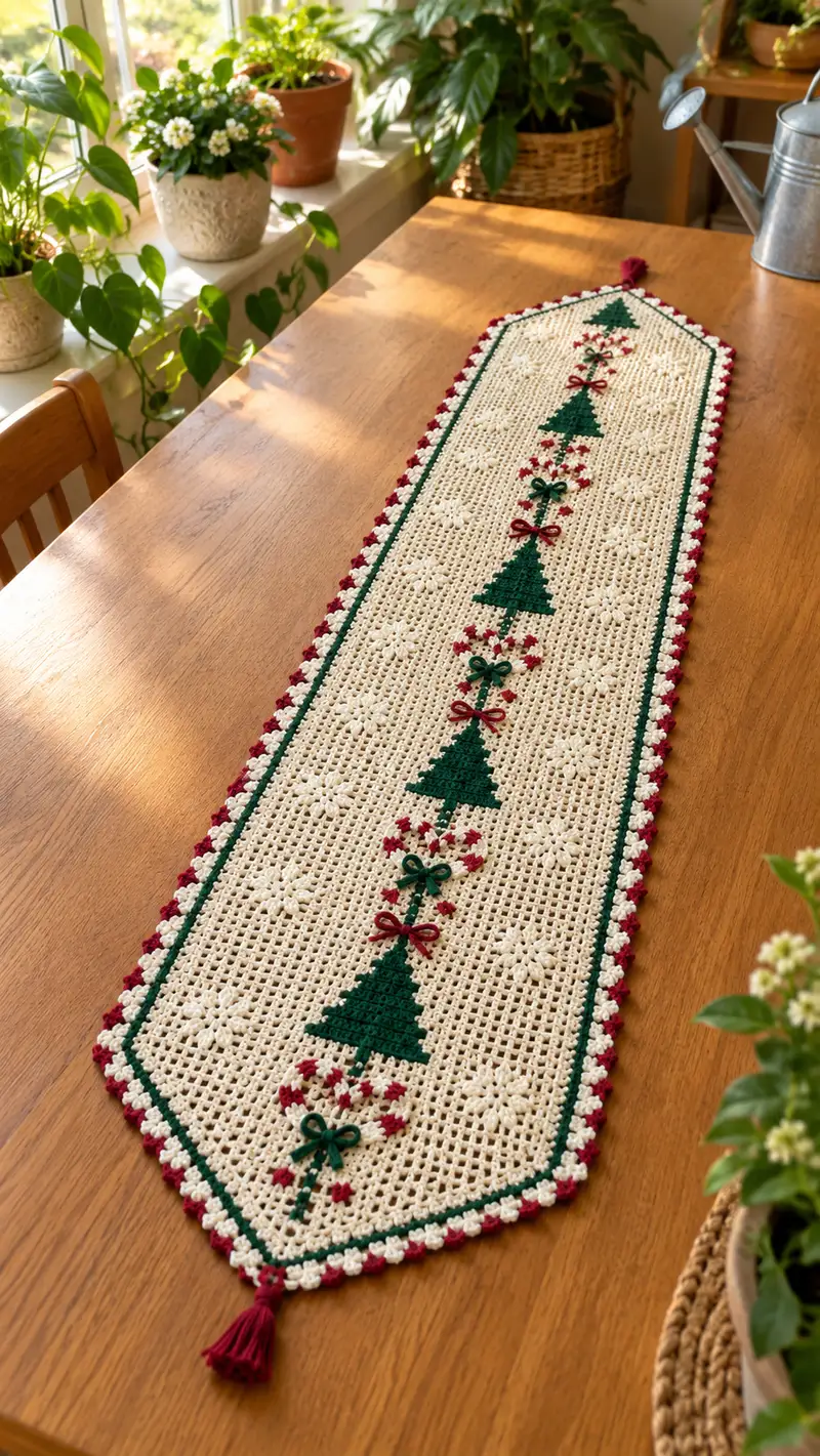 Festive Tree Filet Table Runner Pattern crochet pattern - detailed view of completed project