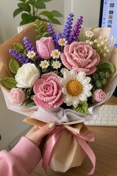 Handmade Crochet Flower Bouquet Pattern step 1 - construction progress