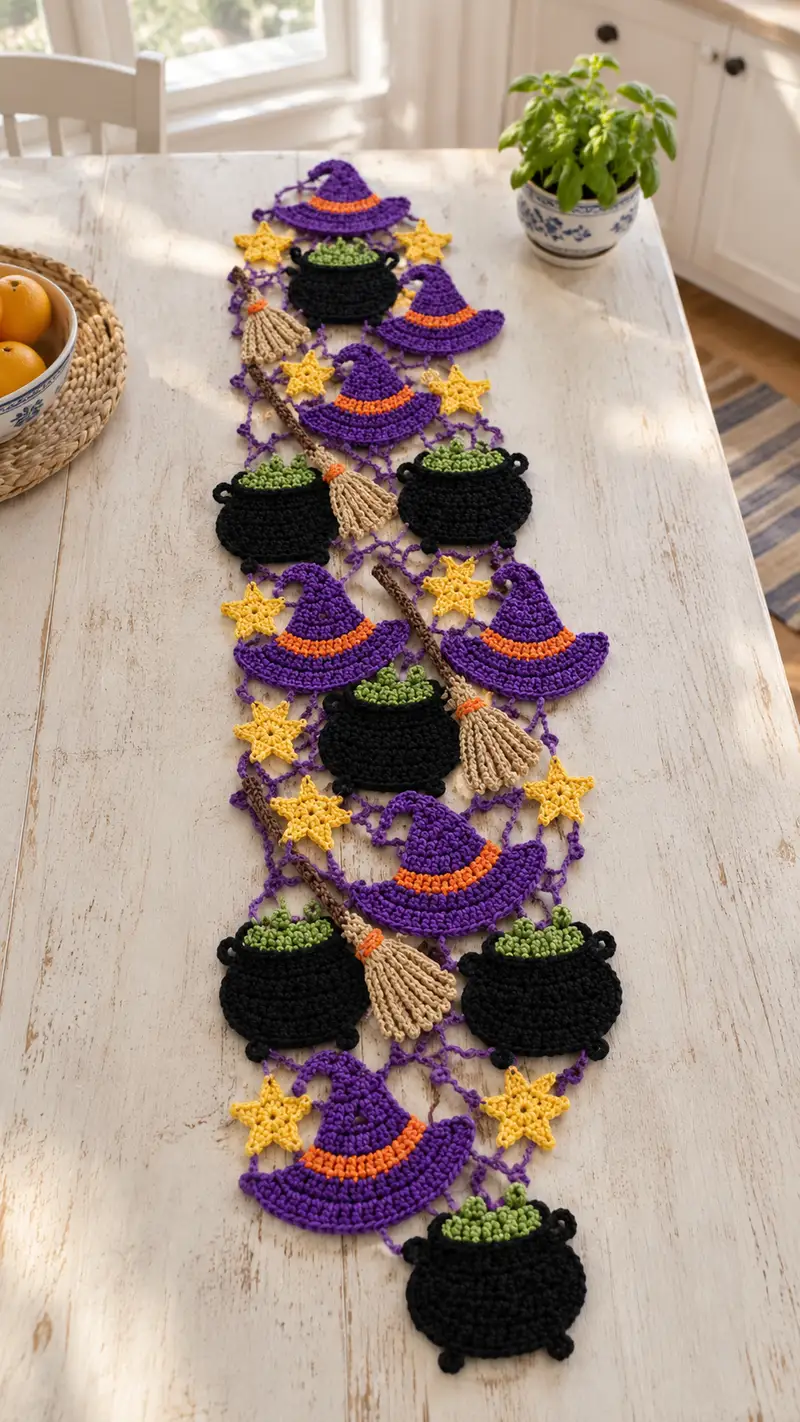 Halloween Motif Table Runner Pattern crochet pattern - detailed view of completed project
