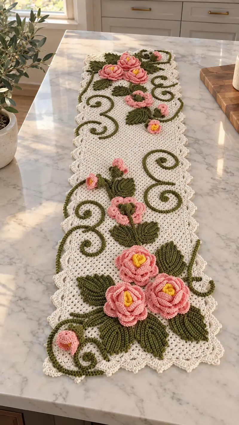 Romantic Rose Table Runner Pattern crochet pattern - detailed view of completed project