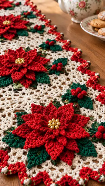 Festive Poinsettia Table Runner Pattern step 2 - assembly progress