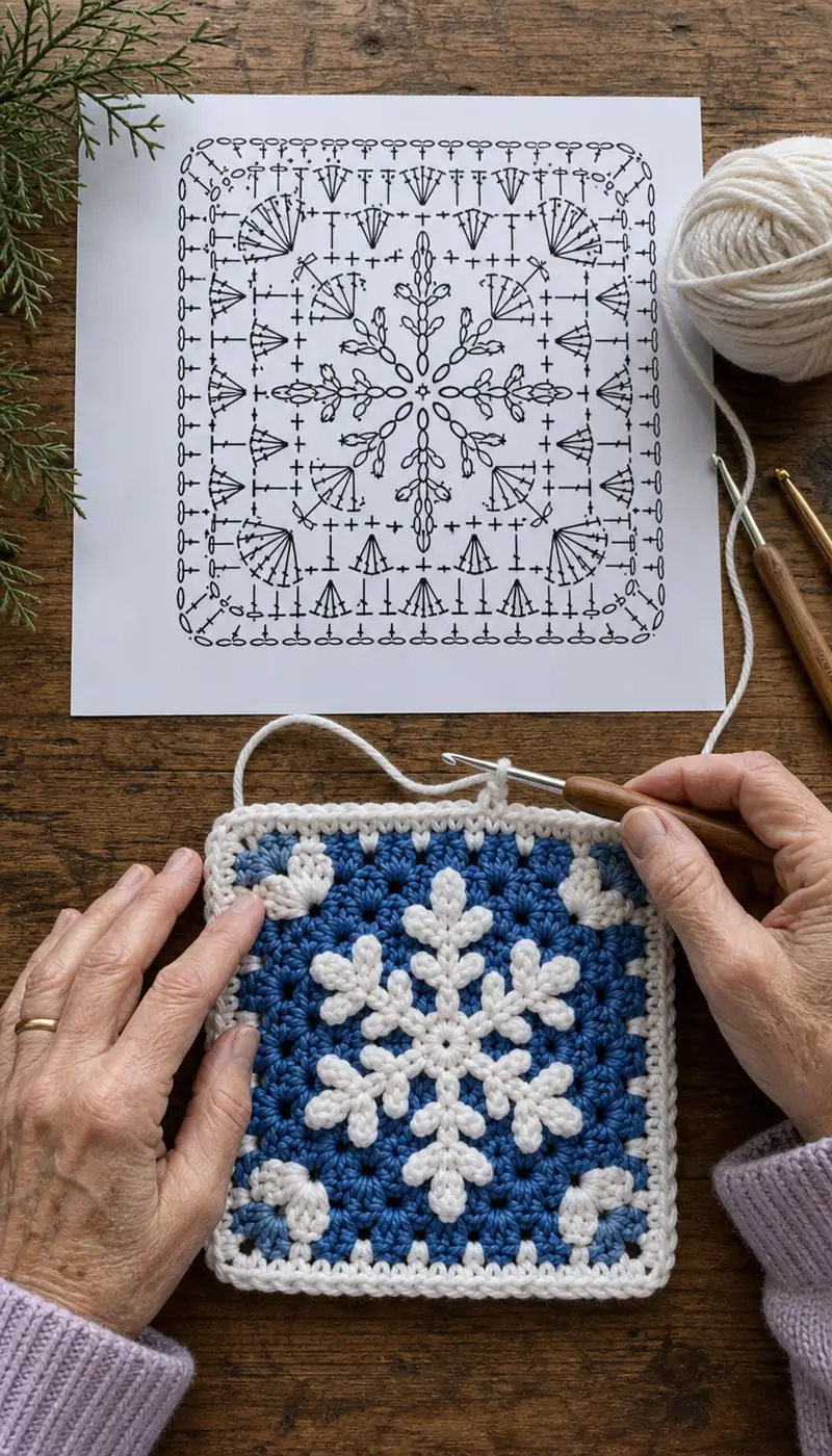 Snowflake Square Motif Pattern crochet pattern - detailed view of completed project