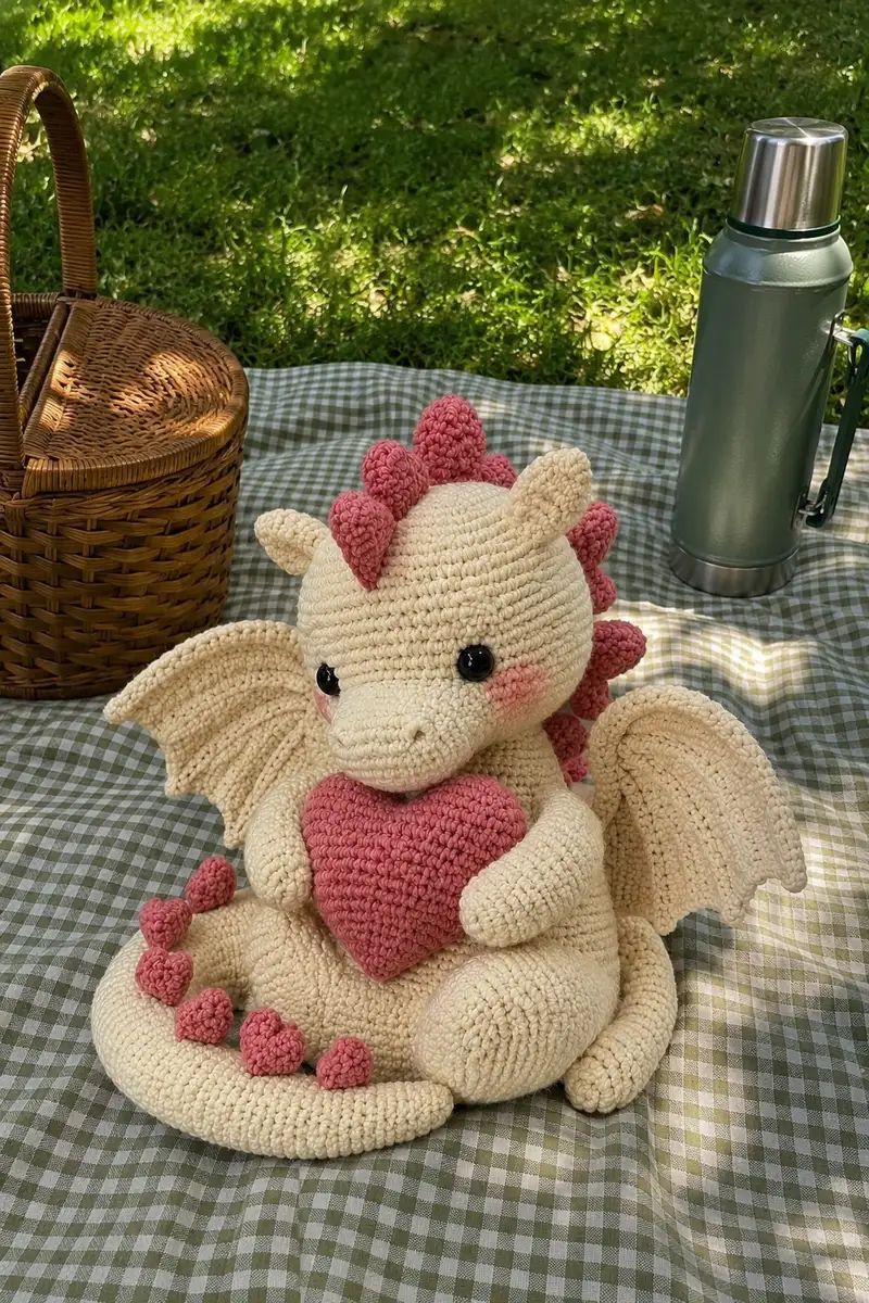 Free crochet pattern: Big Soft Cream Love Dragon with Rose Pink Heart Spikes Amigurumi Pattern - Intermediate level tutorial