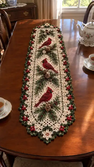 Red Cardinal Cream Lace Table Runner Pattern step 1 - construction progress