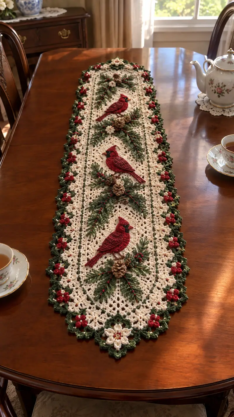 Red Cardinal Cream Lace Table Runner Pattern crochet pattern - detailed view of completed project