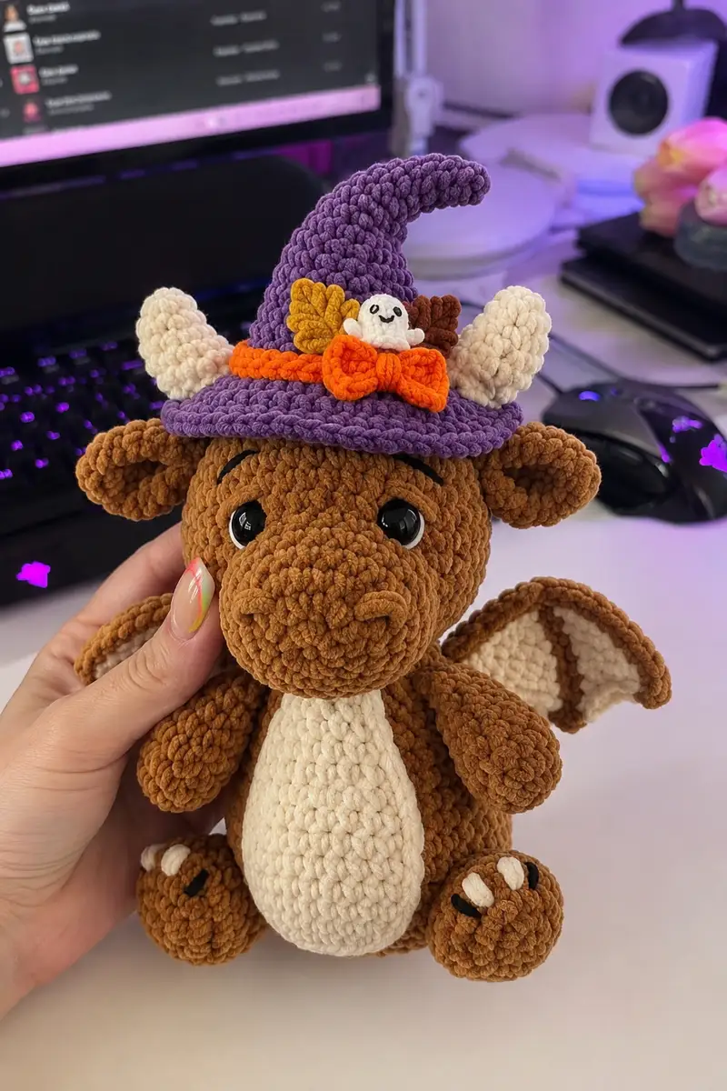 Halloween Cute Dragon Amigurumi Pattern crochet pattern - detailed view of completed project