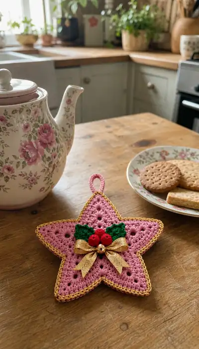 Pink Star Ornament with Holly Embellishment Pattern step 1 - construction progress