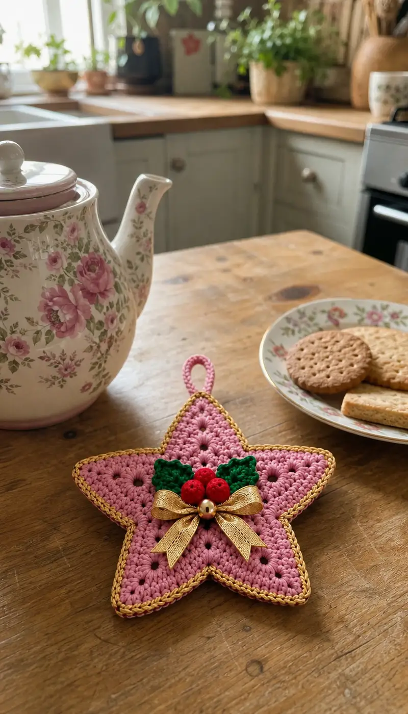 Pink Star Ornament with Holly Embellishment Pattern crochet pattern - detailed view of completed project