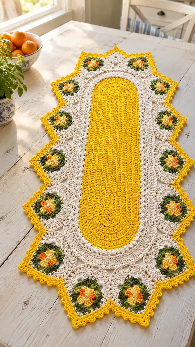 Sunny Floral Table Runner Pattern crochet pattern - detailed view of completed project