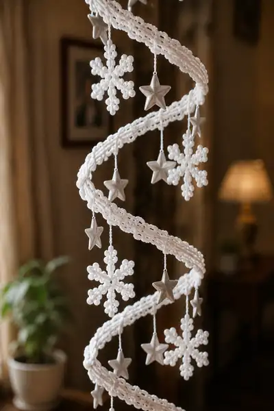 White Snowflake Spiral Christmas Garland Cascading with Silver Stars Pattern step 2 - assembly progress