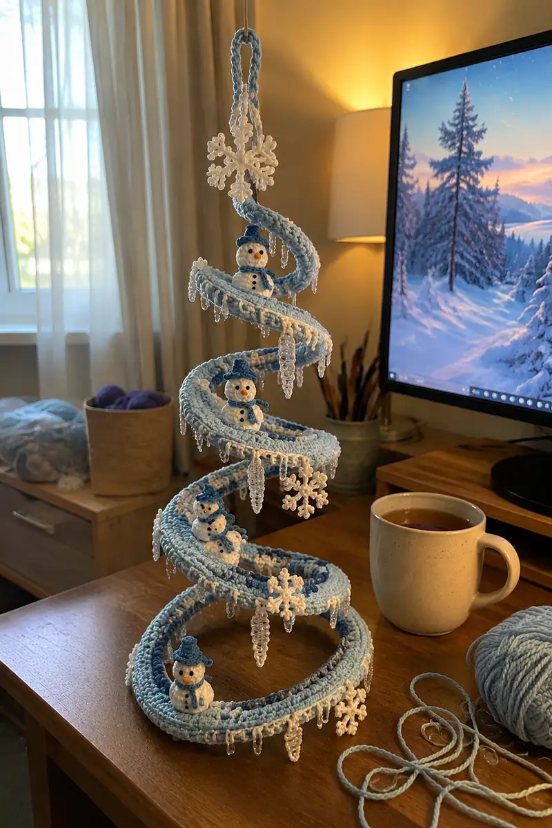 Icy Blue Spiral Christmas Garland with Snowmen and Icicles Pattern crochet pattern - detailed view of completed project