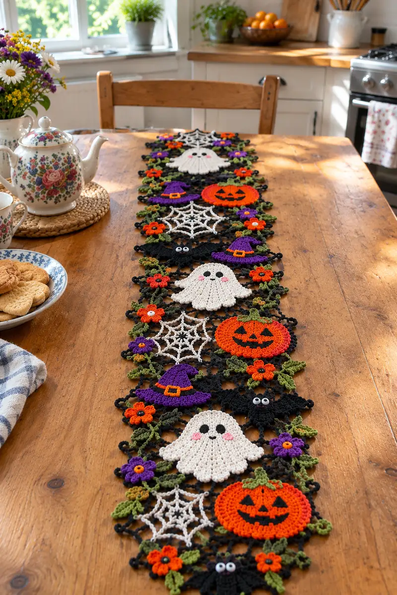 Spooky Seasonal Table Runner Pattern — main crochet pattern - detailed view of completed project