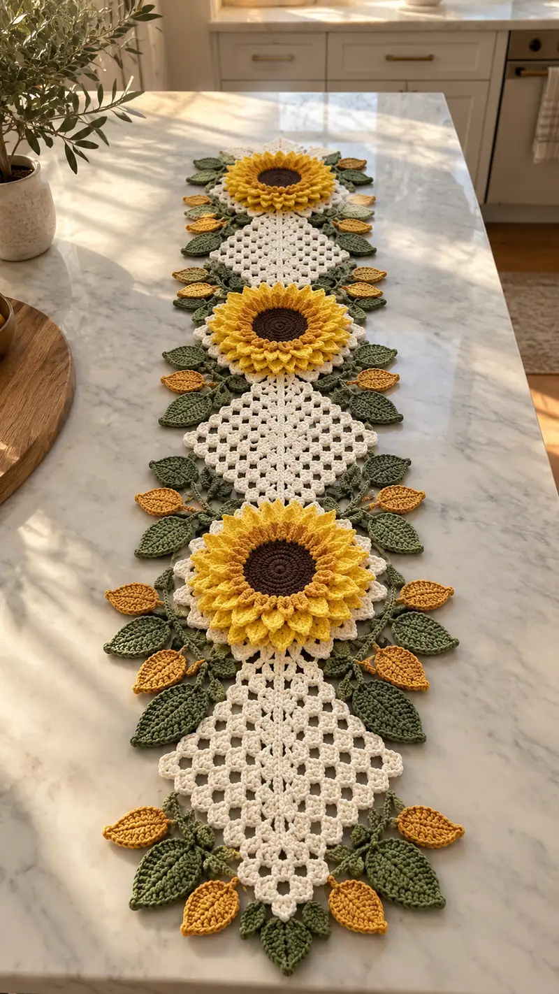 Sunflower Table Runner Pattern crochet pattern - detailed view of completed project