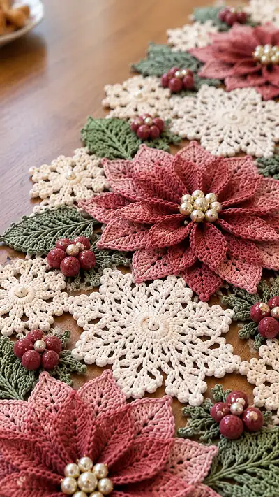 Festive Poinsettia Table Runner Pattern step 2 - assembly progress