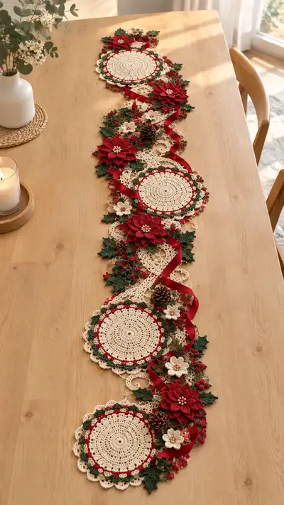 Festive Poinsettia Lace Table Runner Pattern step 1 - construction progress