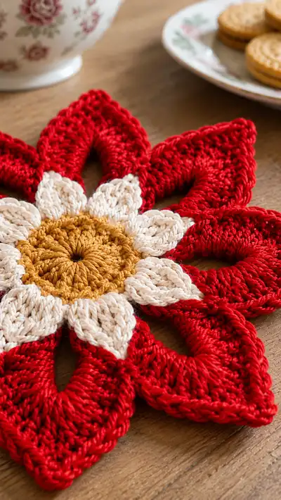 Festive Poinsettia Flower Trivet Pattern step 2 - assembly progress