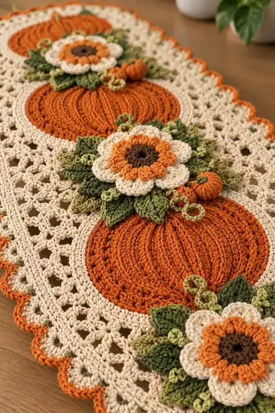 Pumpkin Floral Table Runner Pattern step 2 - assembly progress
