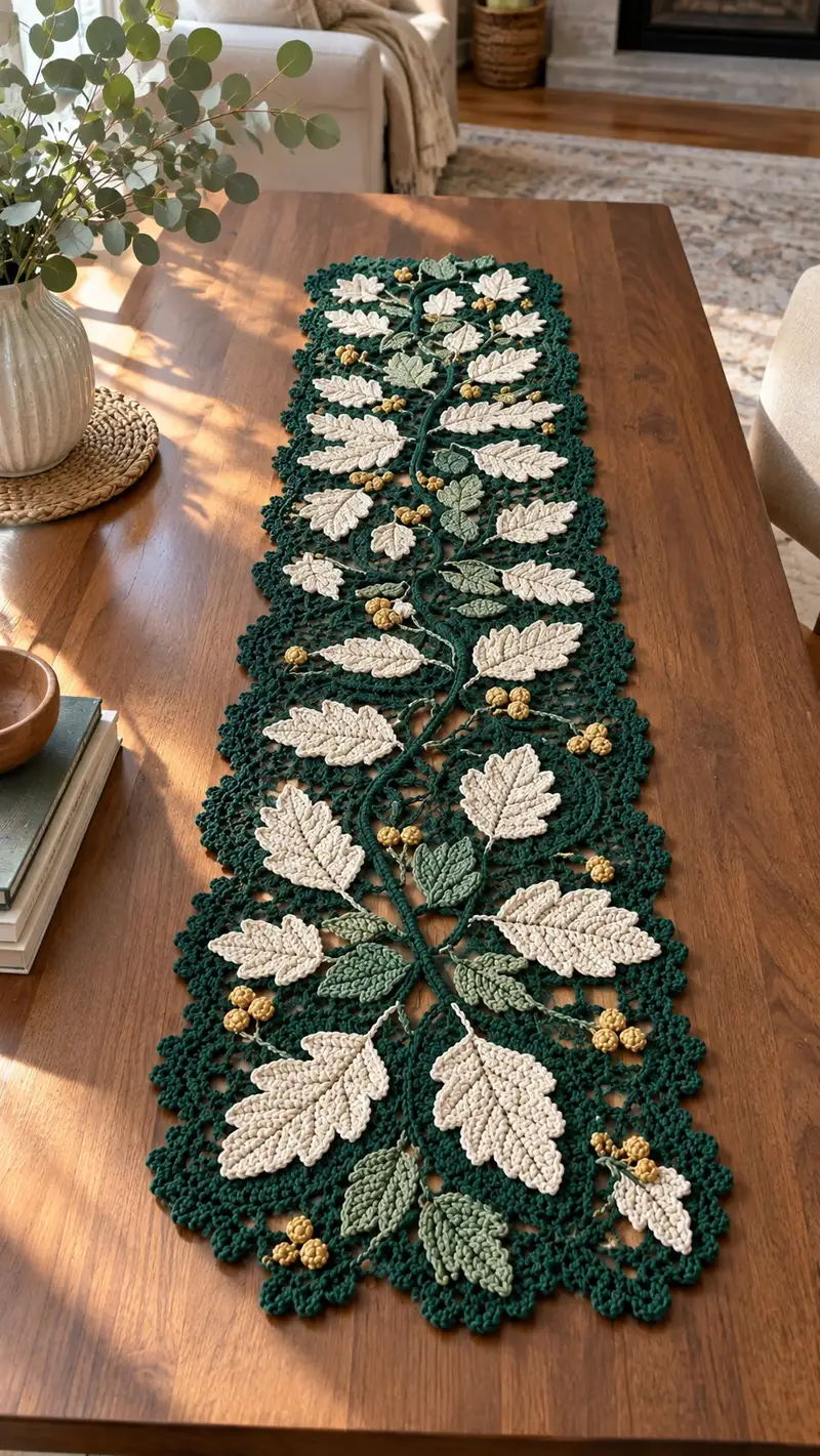 Botanical Leaf Table Runner Pattern crochet pattern - detailed view of completed project