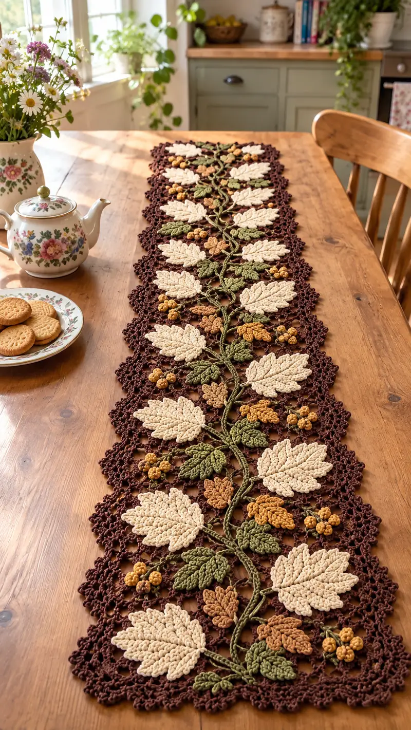 Autumn Leaves Table Runner Pattern crochet pattern - detailed view of completed project