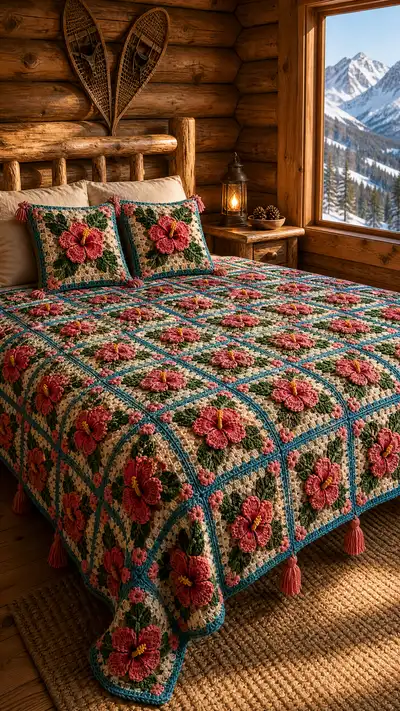 Coral Hibiscus Granny Bedspread Pattern step 1 - construction progress
