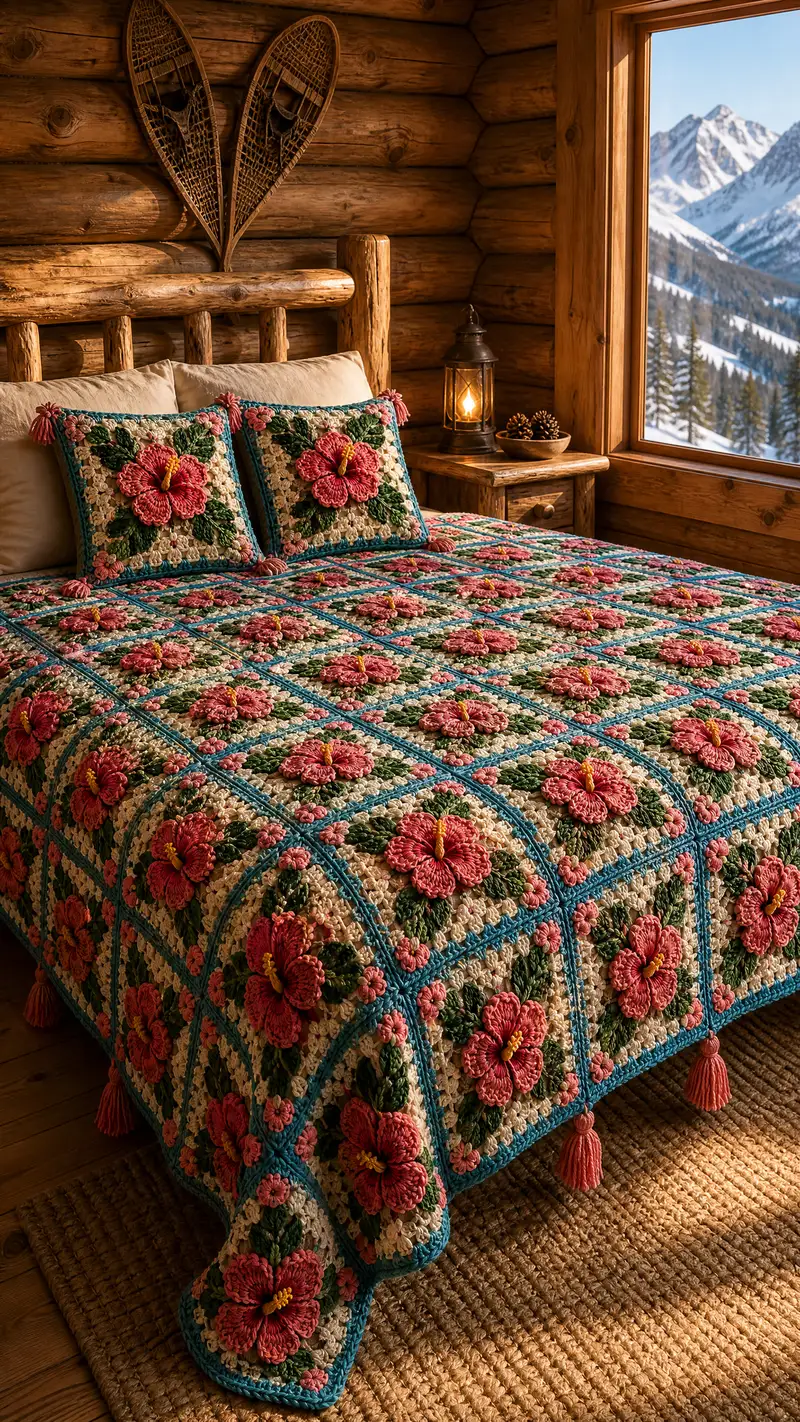 Coral Hibiscus Granny Bedspread Pattern crochet pattern - detailed view of completed project